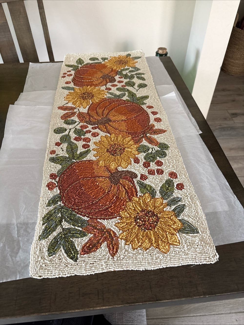 TAHARI Beaded Pumpkin Table Runner 13x36 Harvest Halloween Thanksgiving